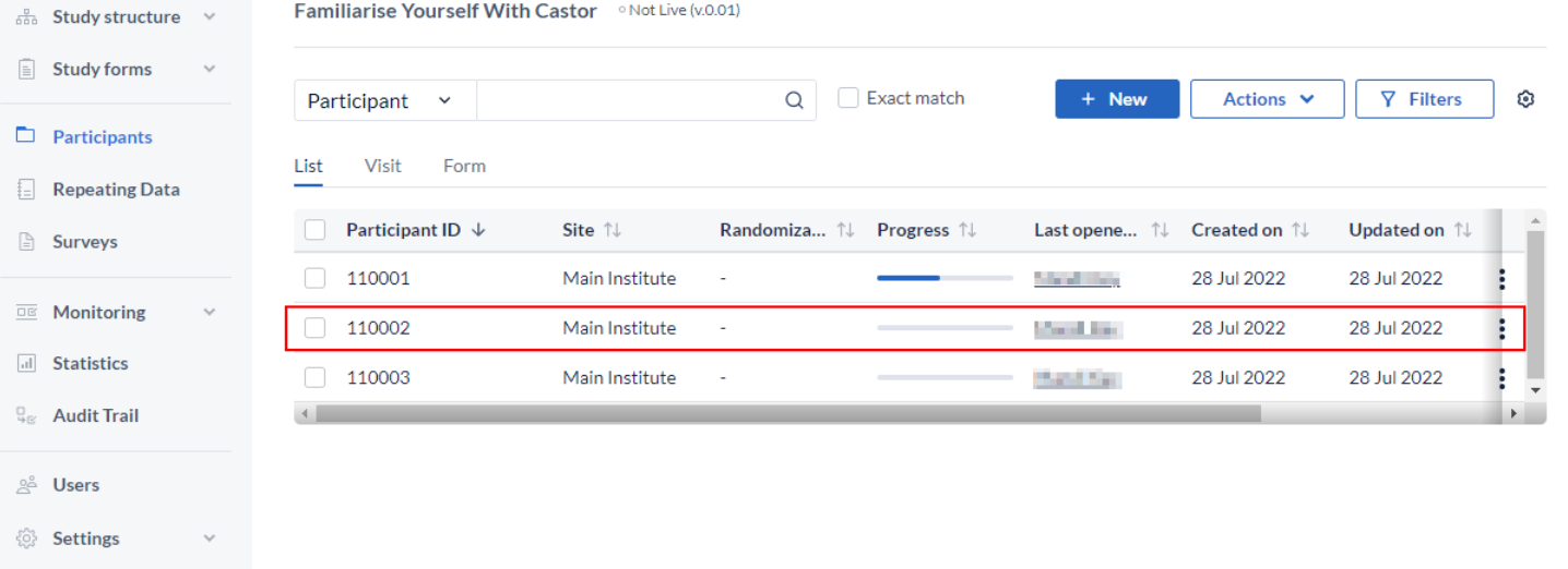 Castor data entry screenshot